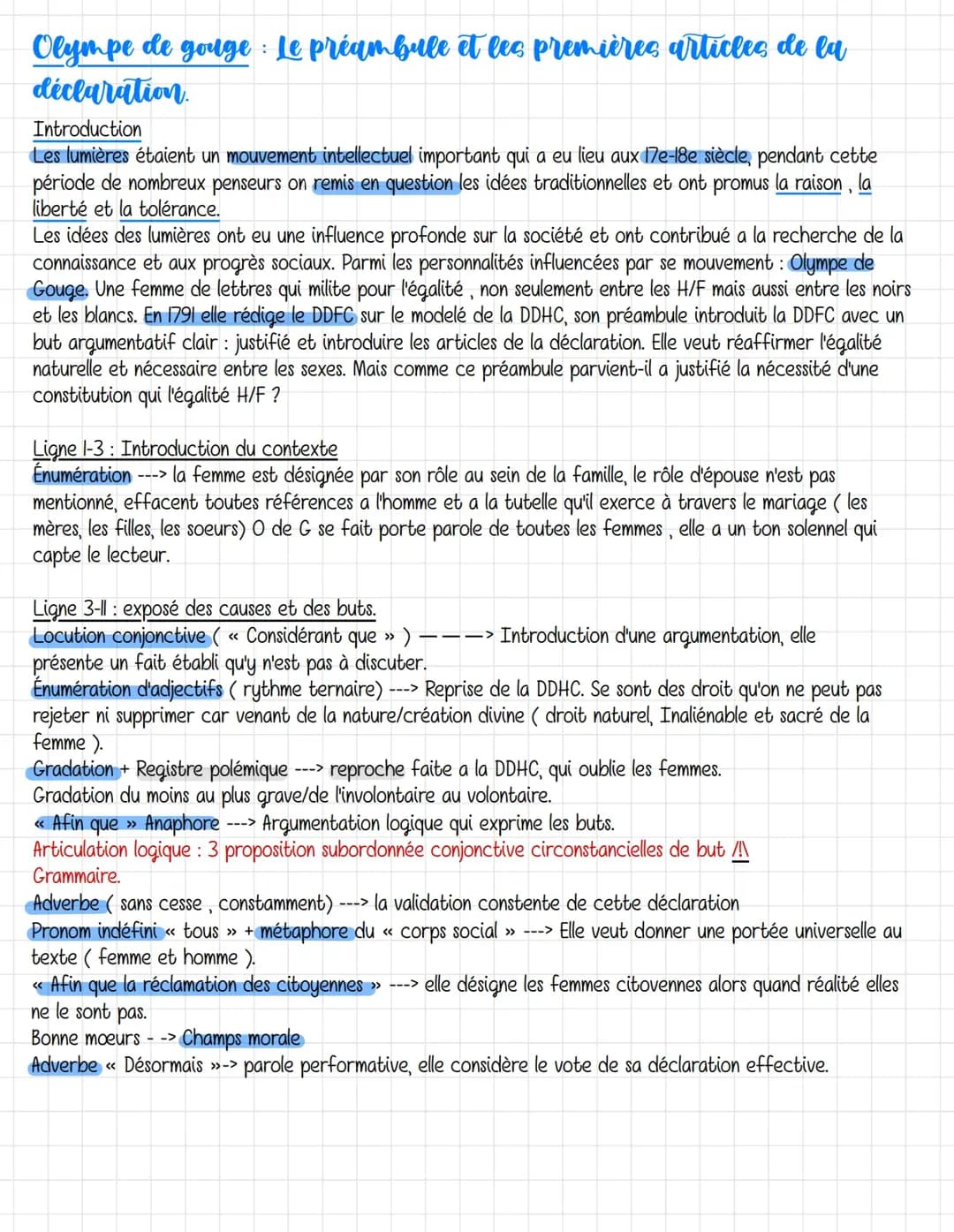 Texte linéaire n°1 : Préambule et les deux premières articles de la DDFC.