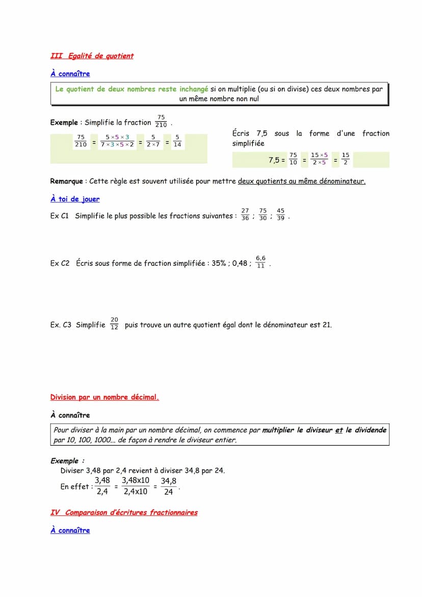 I Nombres en écriture fractionnaires rappels.
a et b sont deux nombres, avec b‡ 0
Le quotient a: b de a par b est le nombre qui multiplié pa