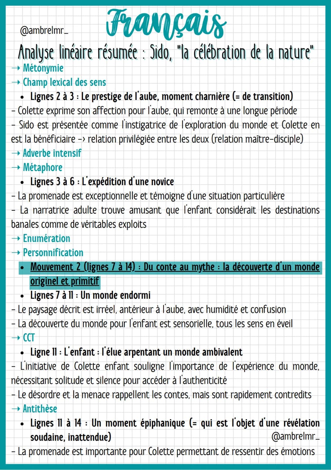 Français
@ambrelmr_
Analyse linéaire résumée : Sido, "la célébration de la nature"
INTRODUCTION
Présentation du texte :
→ Auteur : - Sidonie