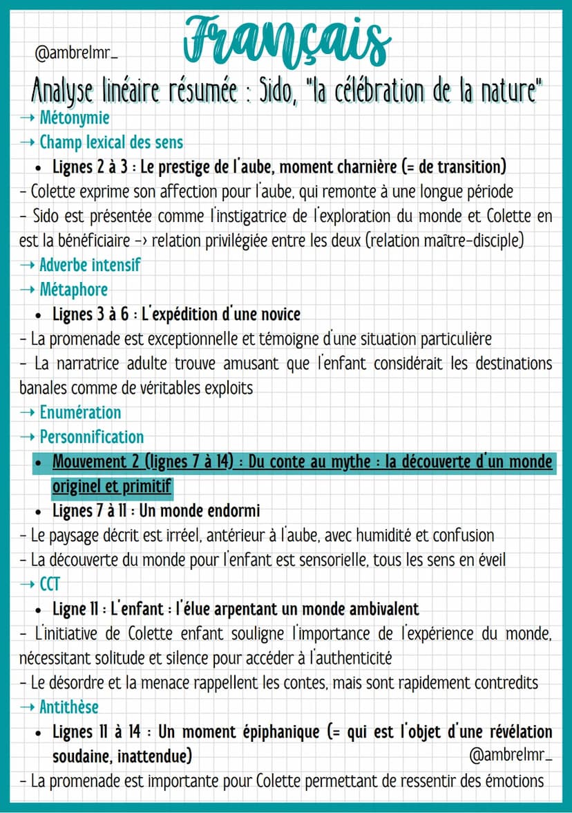 Français
@ambrelmr_
Analyse linéaire résumée : Sido, "la célébration de la nature"
INTRODUCTION
Présentation du texte :
→ Auteur : - Sidonie