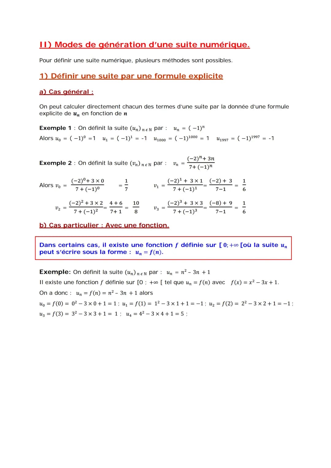 Suites numériques : Généralités
1) Définition :
1) Exemples :
1
Exemple 1: On définit la suite (un) par: un =
Cette suite est définie sur N 