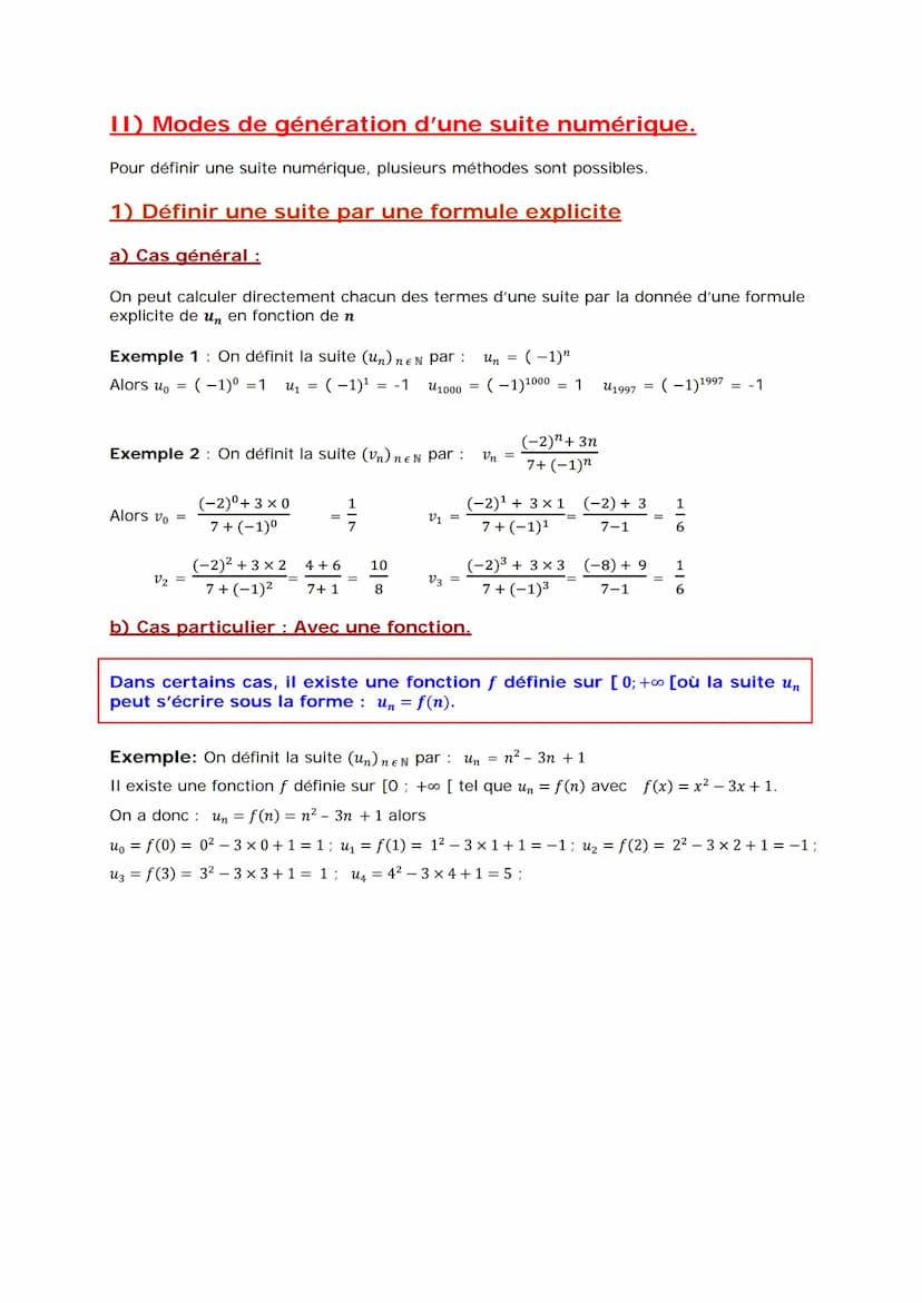Suites numériques : Généralités
1) Définition :
1) Exemples :
1
Exemple 1: On définit la suite (un) par: un =
Cette suite est définie sur N 