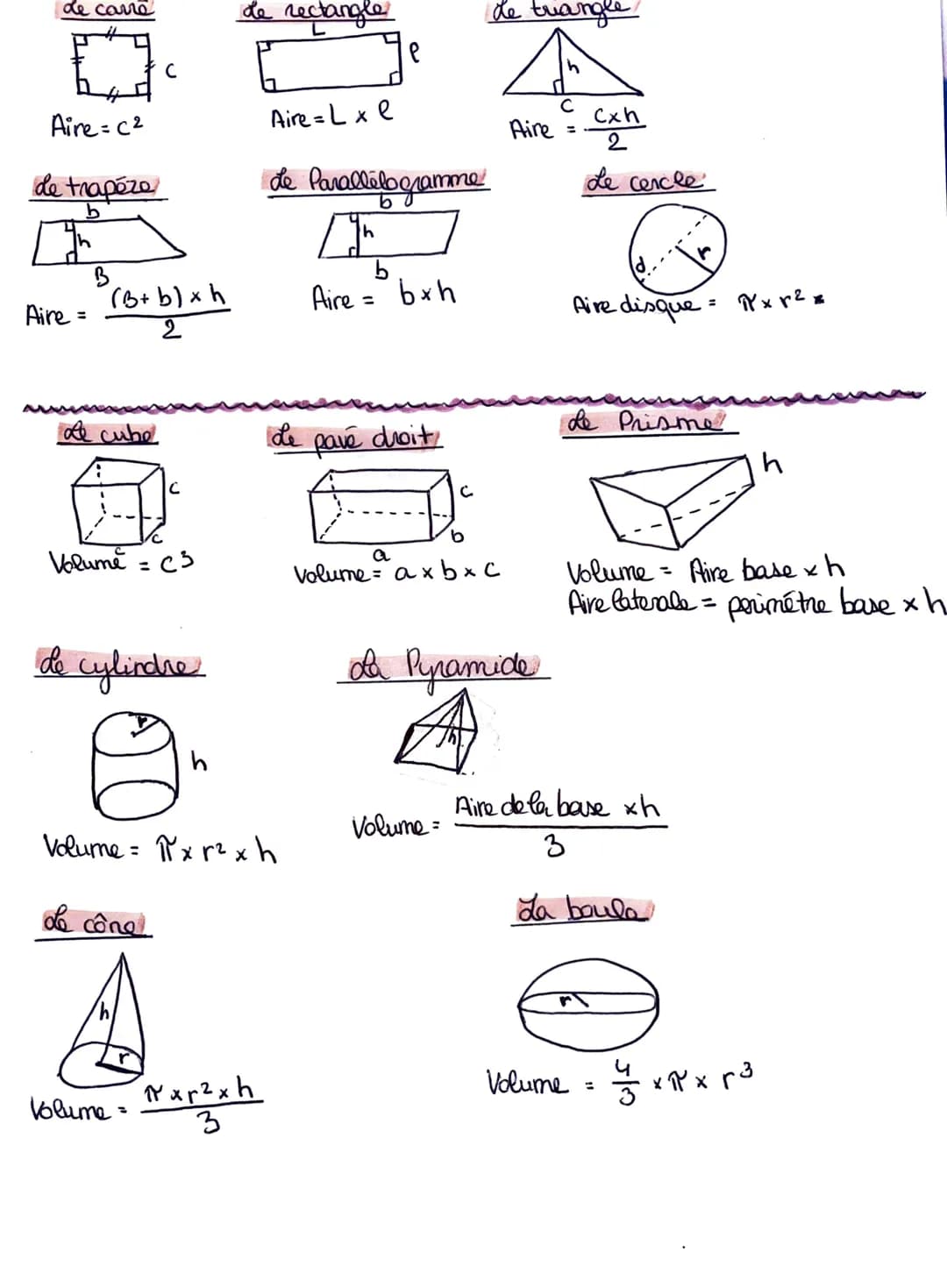 de carro
Aire = c²
de trapézo
b
Aire =
B
(B+b)xh
2
de cube
с
Volume = C3
de cylindre
=
h
de rectangle
Volume = x rxh
Le cône
A
Volume
1x r² 