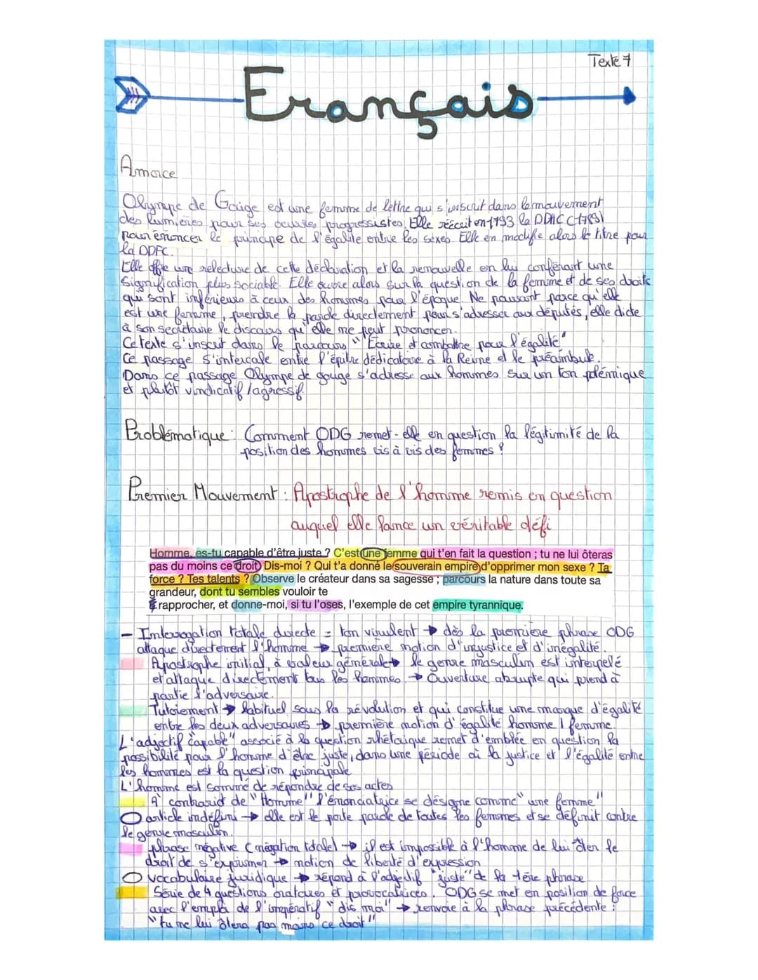 >>
> Français
Amace
Olympe de Gauge est une femme de lettre qui s'inscrit dans le mouvement
des lum, eres pour ses deulusle, progressistes. 