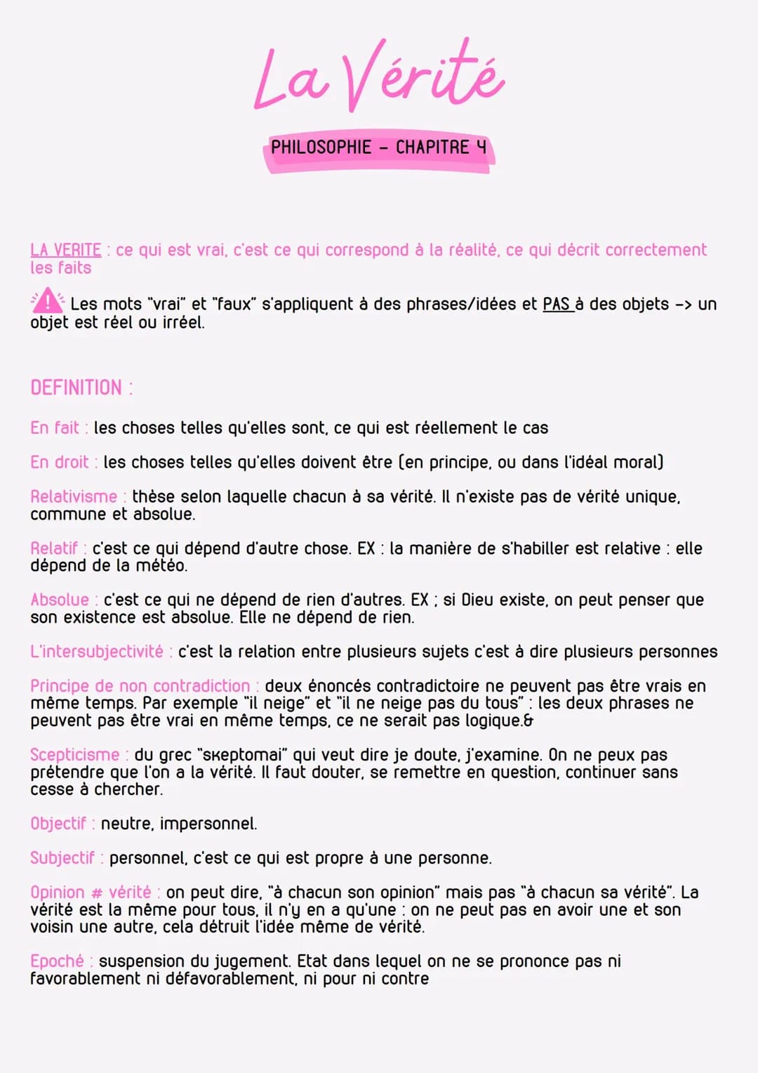 Fiche de révision philosophie la vérité