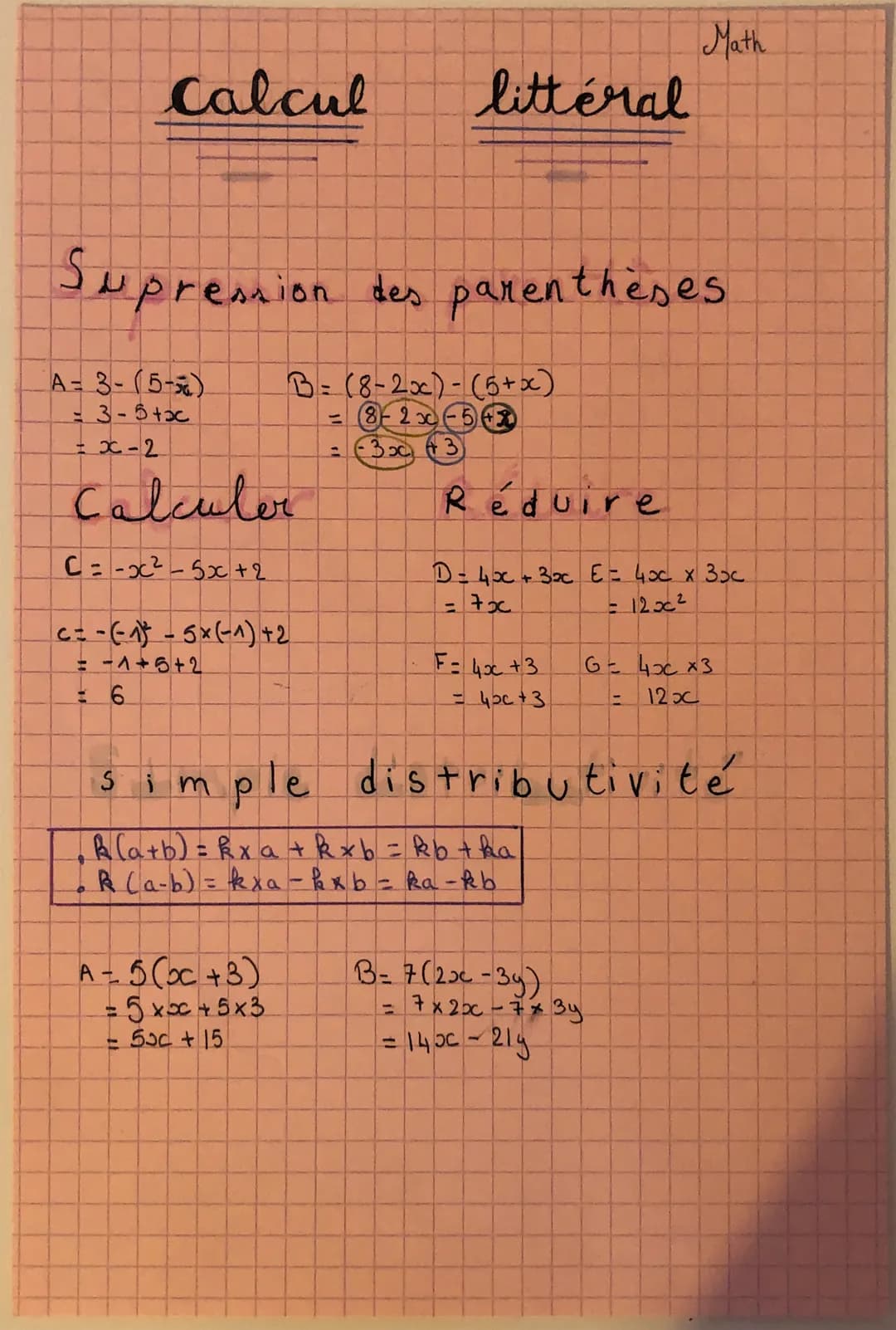 calcul
A=3-(5-5)
= 3-5+2
= x-2
Supression des parenthèses
B= (8-2x)-(5+x)
= 8-2x-5 +
= (3x +3
Calculer
Cô - x -5x+2
c=-(-₁) - 5× (-^) +2
= −