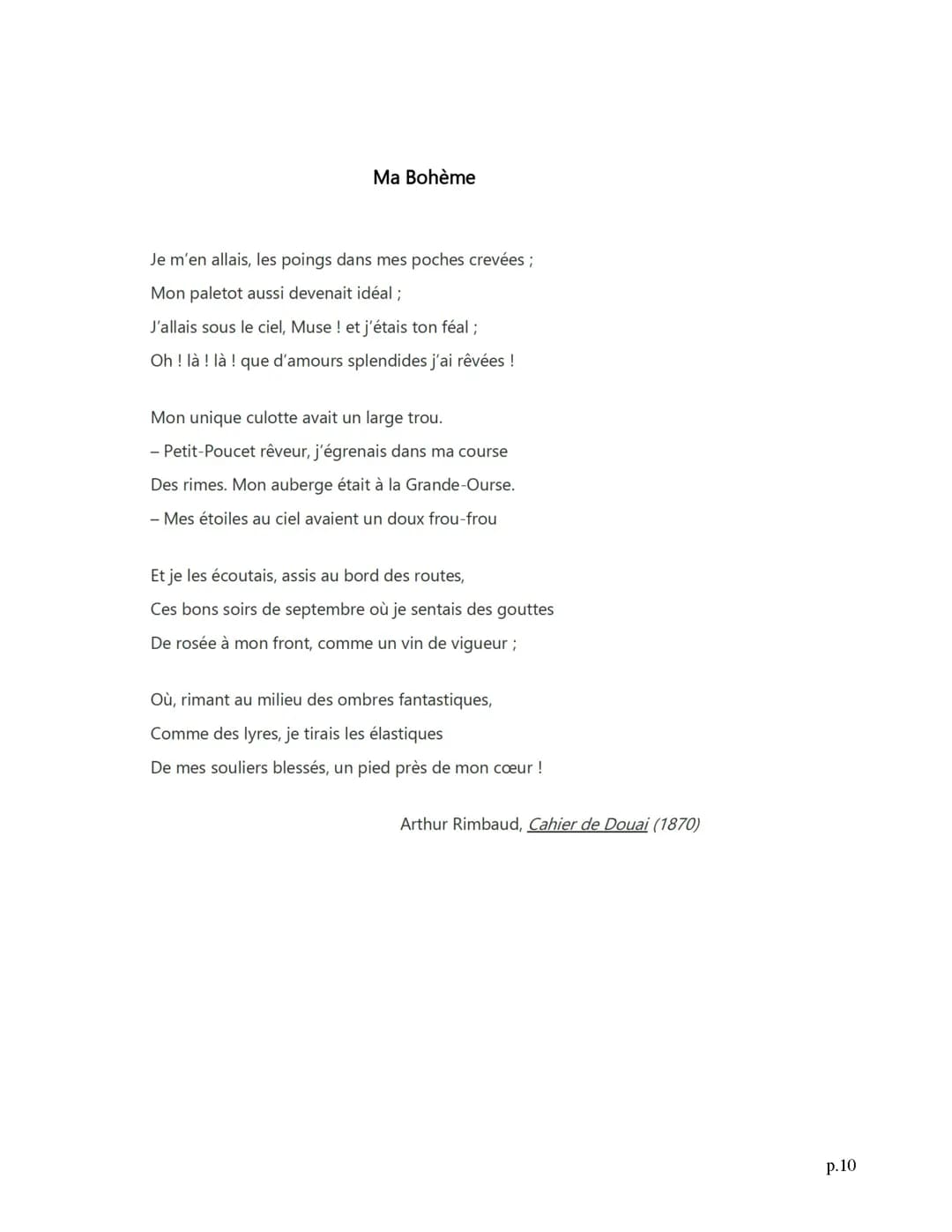 Analyse linéaire " Ma bohême" Arthur Rimbaud, Les Cahiers de Douai 