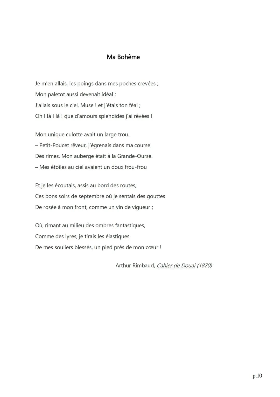 Ma Bohème
Je m'en allais, les poings dans mes poches crevées ;
Mon paletot aussi devenait idéal ;
J'allais sous le ciel, Muse! et j'étais to