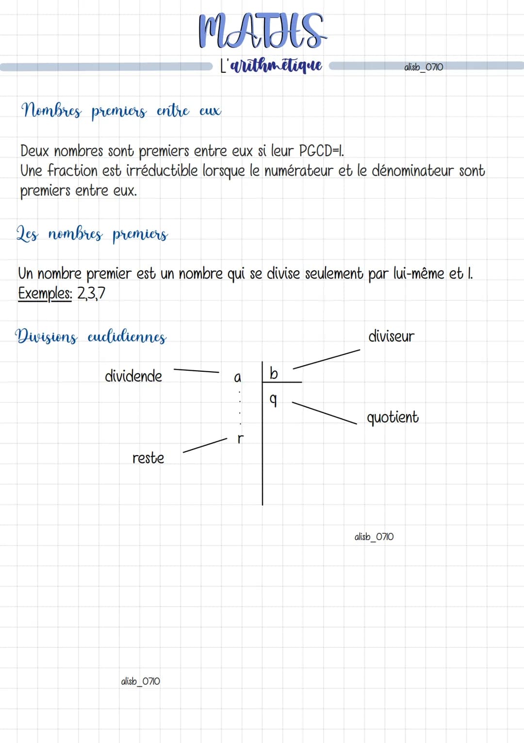 MATHS
L'arithmétique
alisb_0710
Les critères de divisibilité
Un nombre est divisible par :
2, s'il est pair
3, si la somme de ses chiffres e