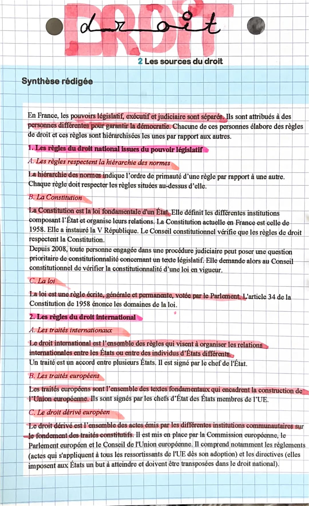 •
شاه
der alt
Synthèse rédigée
2 Les sources du droit
En France, les pouvoirs législatif, exécutif et judiciaire sont séparés. Ils sont attr