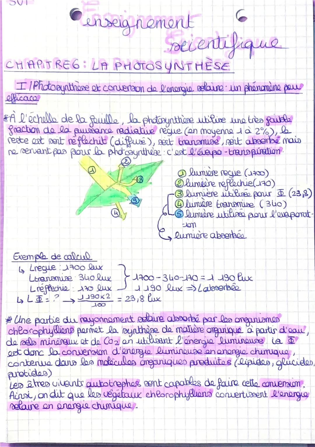 Lenseignement
6
scientifique
CHAPITREG: LA PHOTOSYNTHESE
I/Photosynthère
et conversion de l'energie solaire un phénomène pou
efficace
A l'éc