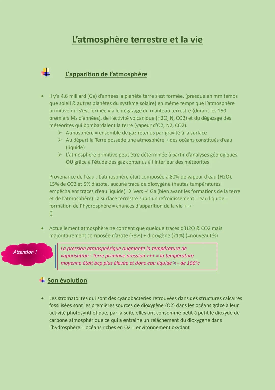 Attention !
L'atmosphère terrestre et la vie
●
L'apparition de l'atmosphère
Il y'a 4,6 milliard (Ga) d'années la planète terre s'est formée,