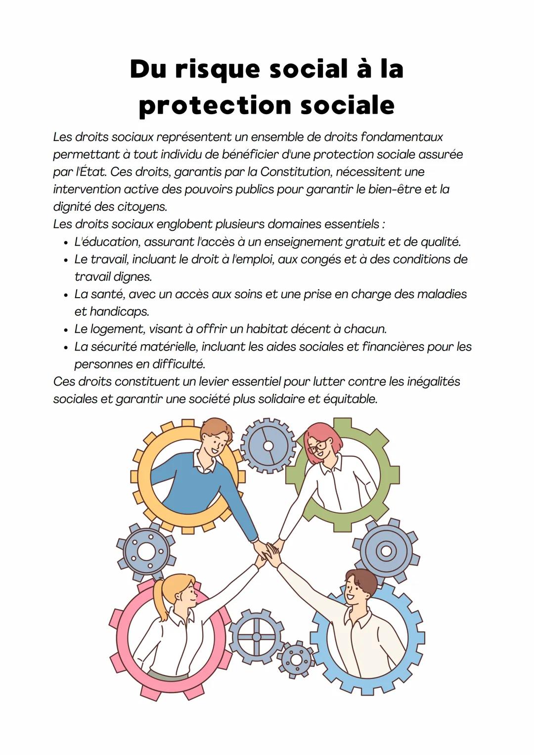 # Du risque social à la
protection sociale

Les droits sociaux représentent un ensemble de droits fondamentaux
permettant à tout individu de