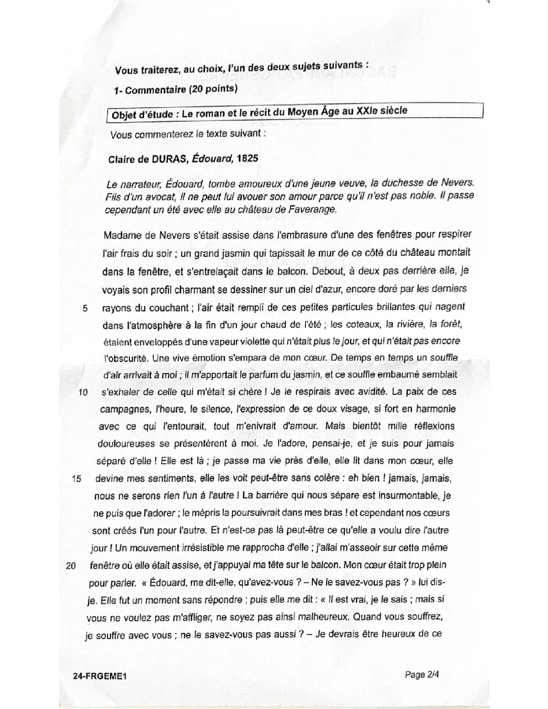  Sujet d’entraînement du bac de français, disserte et commentaires de texte