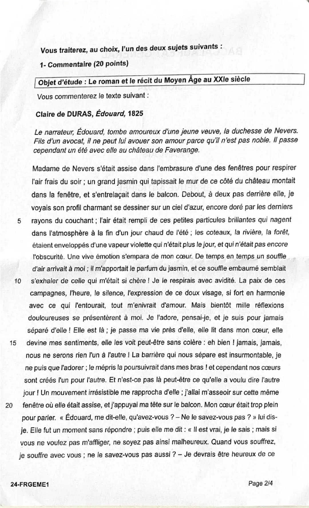 5
10
Vous traiterez, au choix, l'un des deux sujets suivants :
1- Commentaire (20 points)
АЯ
Objet d'étude : Le roman et le récit du Moyen Â
