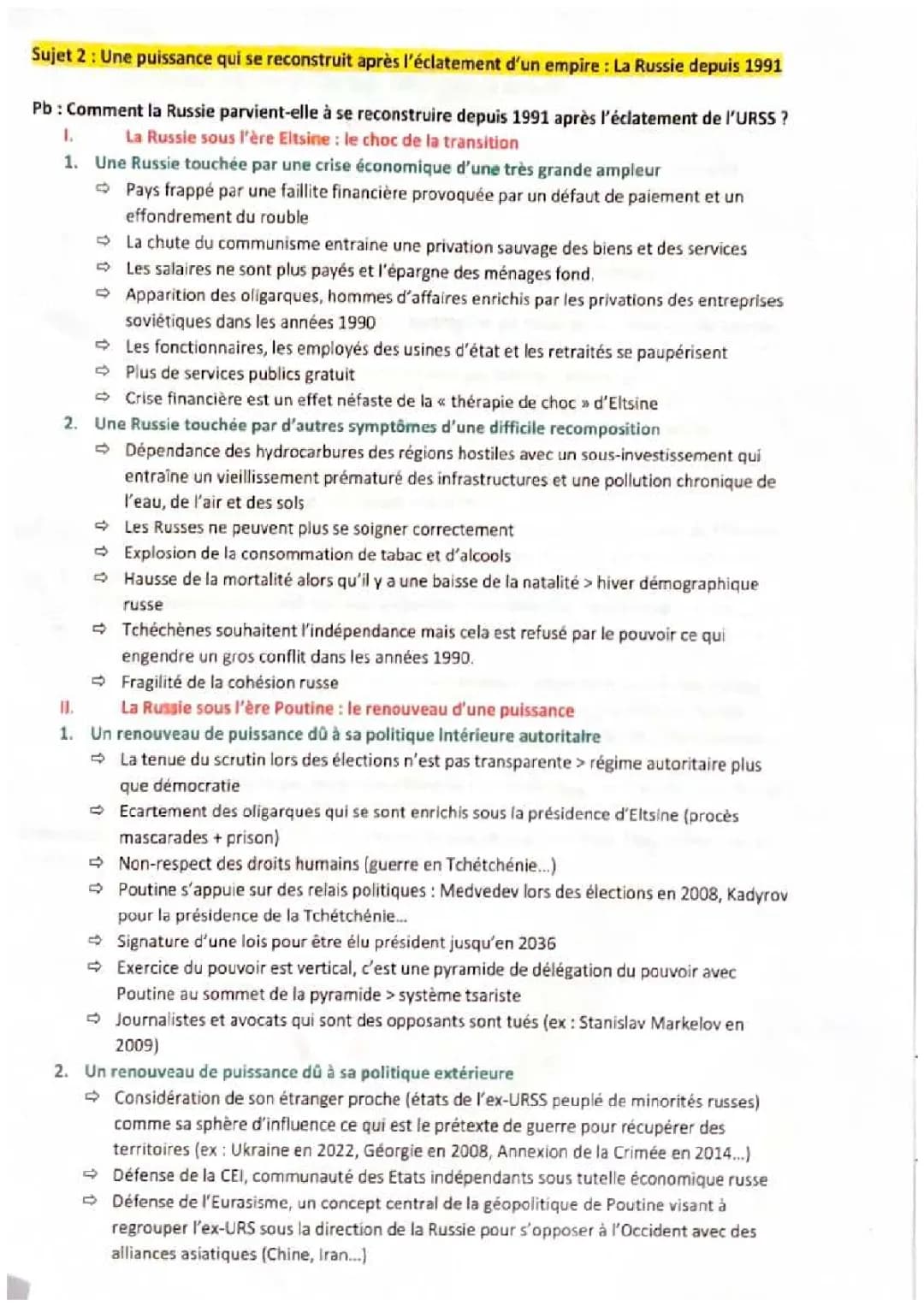 Fiche de Révision sur La Russie depuis 1991