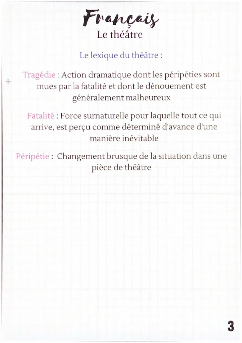 Français
Le théâtre
Le lexique du théâtre :
Acte: La partie d'une pièce de théâtre composée d'une
série de scènes.
Scène: Chacune des subdiv