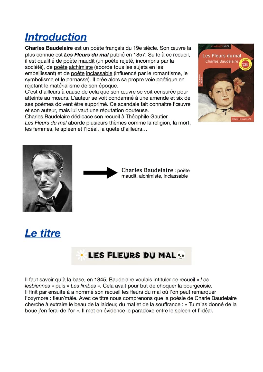 LES FLEURS DU MAL
de Charles Baudelaire
{8}
at DOSSIGRAL
CLASSICOLYCÉE
Les Fleurs du mal
Charles Baudelaire
CHARLES BAUDELAIRE
GUVRE
Nouveau