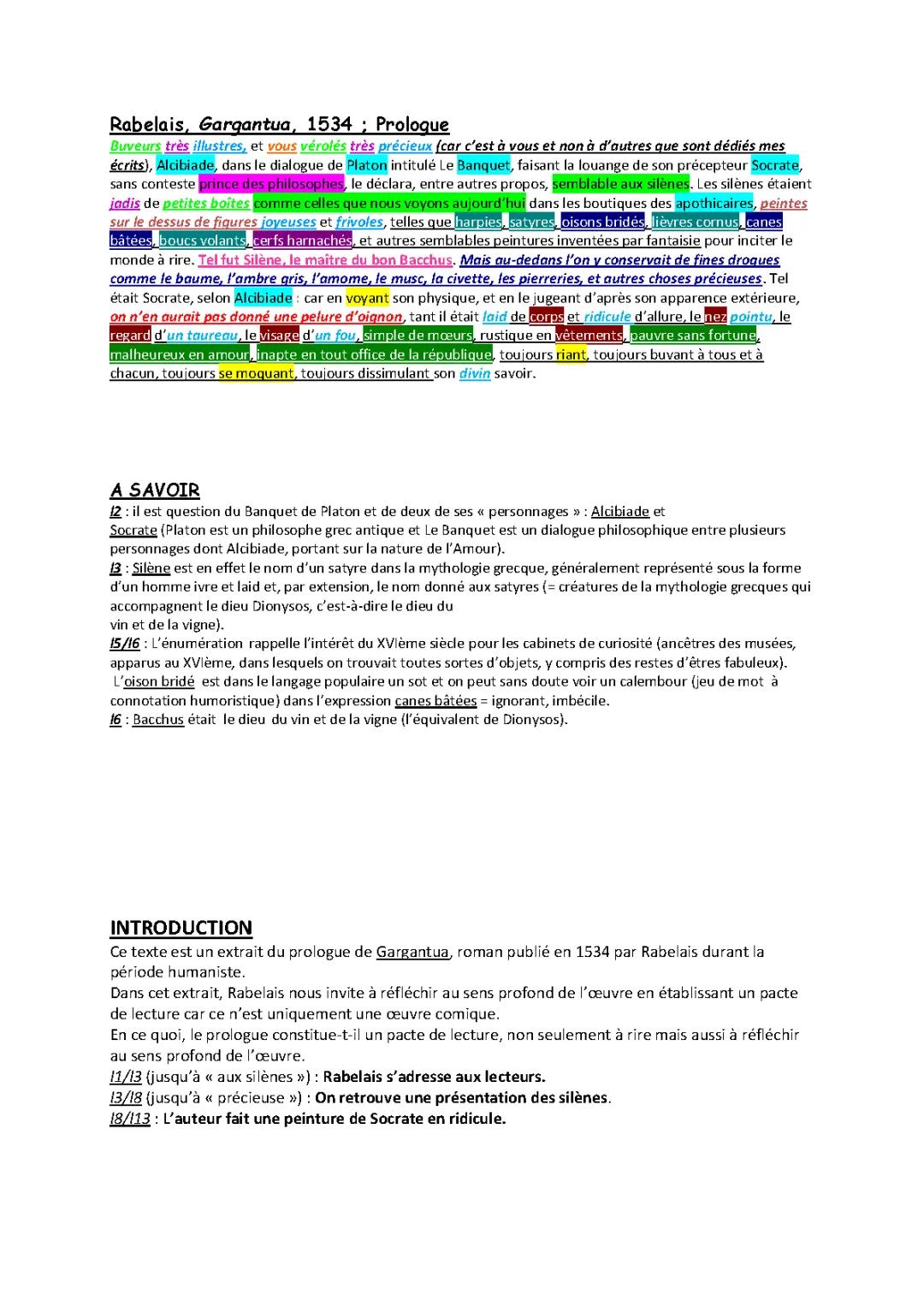 Analyse linéaire du Prologue de Gargantua - PDF et Oral