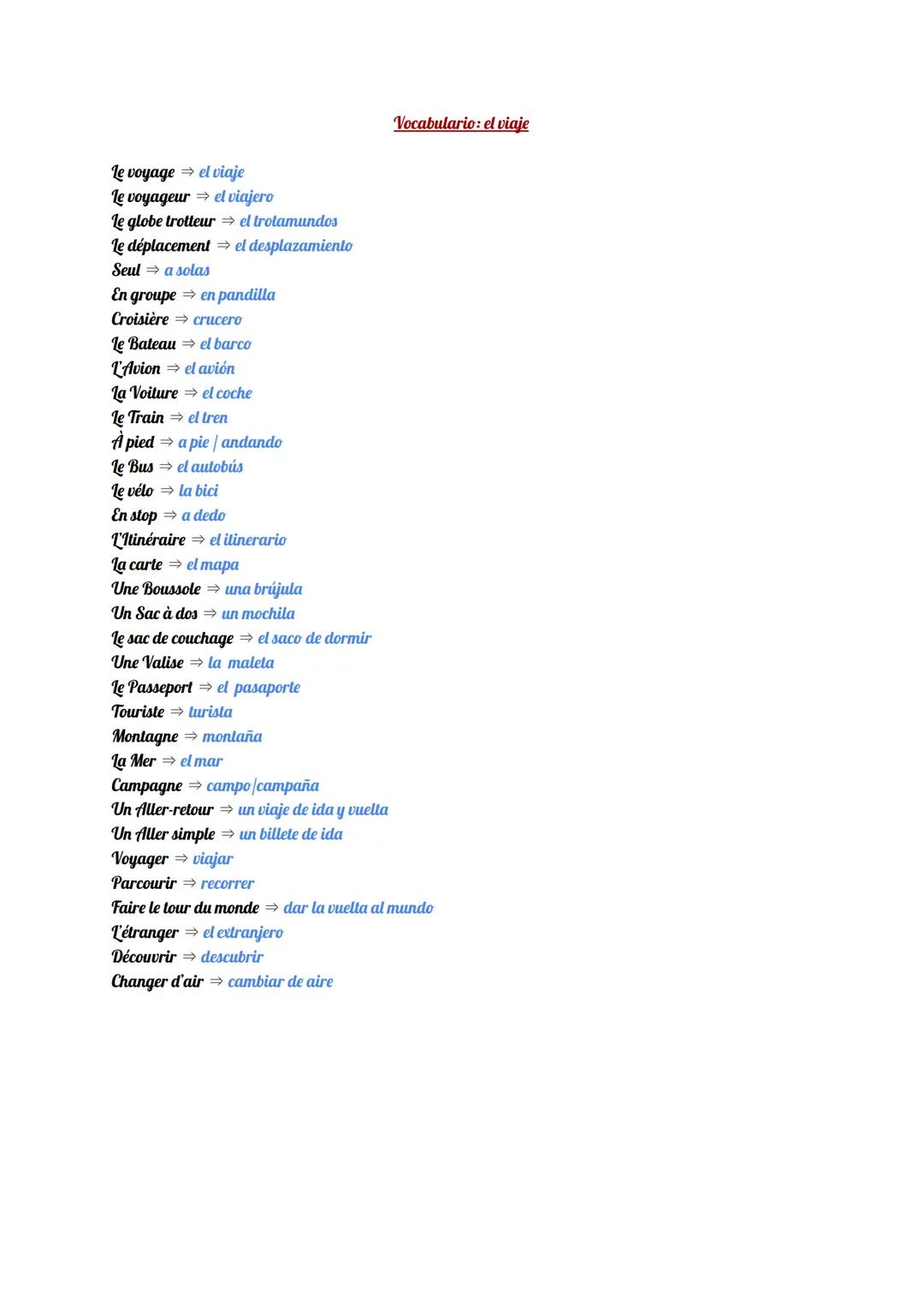 le voyage → el viaje
le voyageur ⇒ el viajero
le globe trotteur ⇒ el trotamundos
le déplacement ⇒ el desplazamiento
Seul ⇒ a solas
En groupe