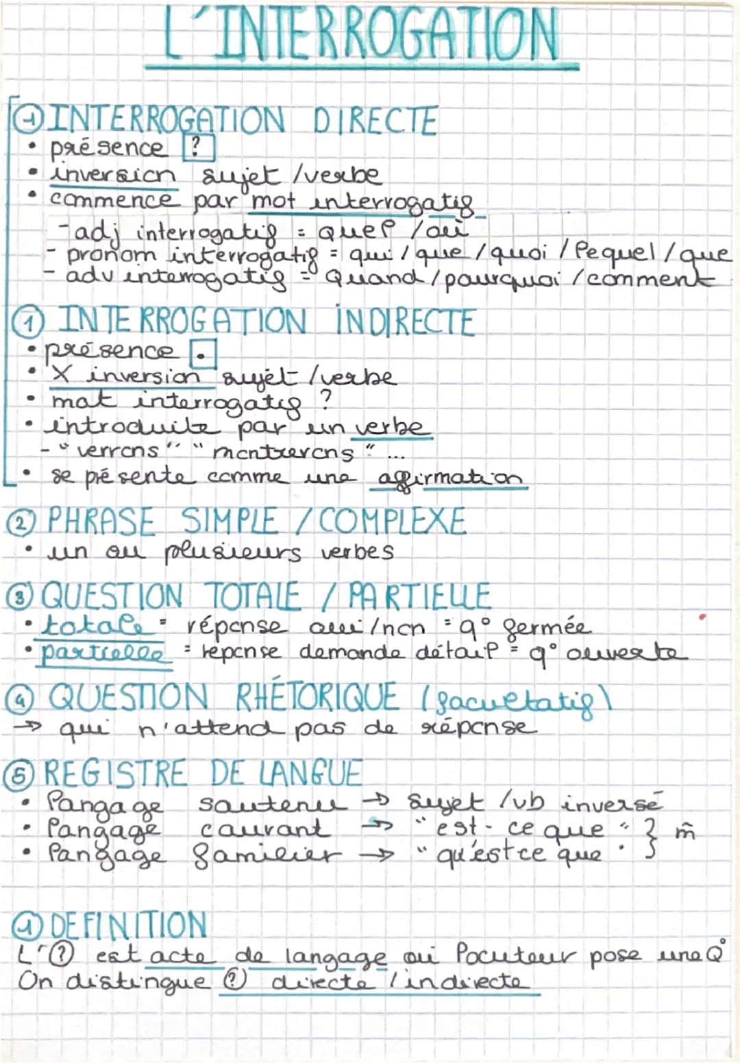 L'INTERROGATION
INTERROGATION DIRECTE
• présence ?
-
inversion sujet /verbe
commence par mot interrogatis
-adj interrogatif = Quel / au
pron