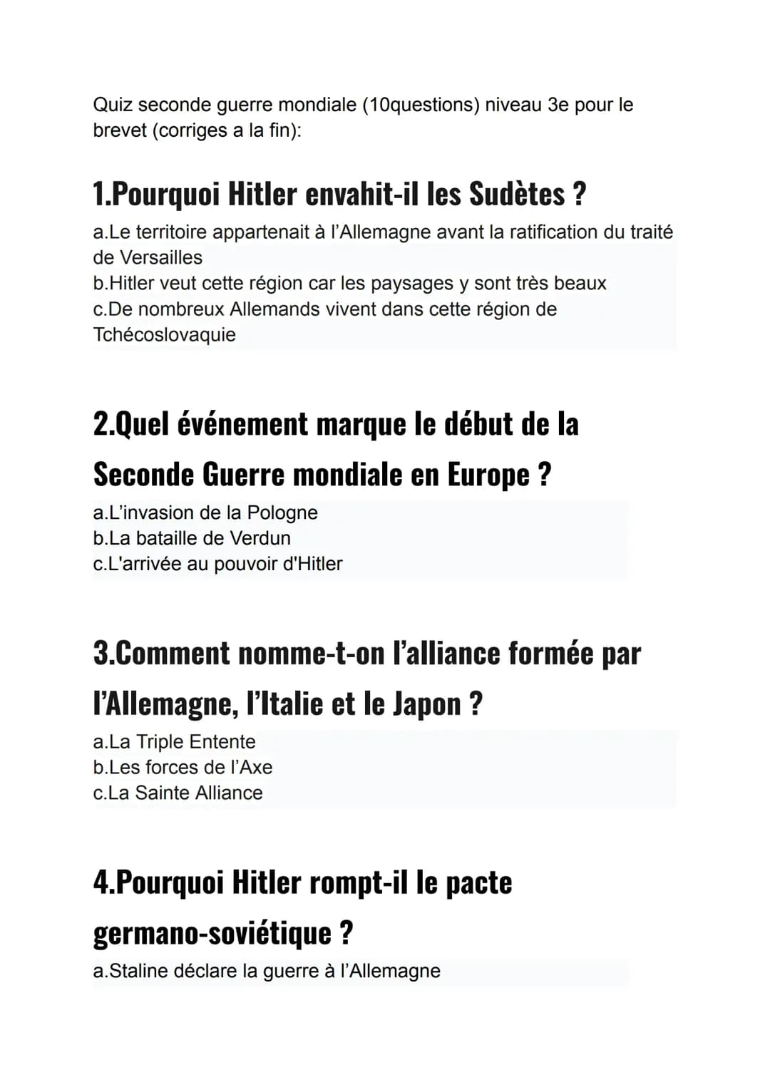 Quiz sur la Seconde Guerre mondiale pour le brevet