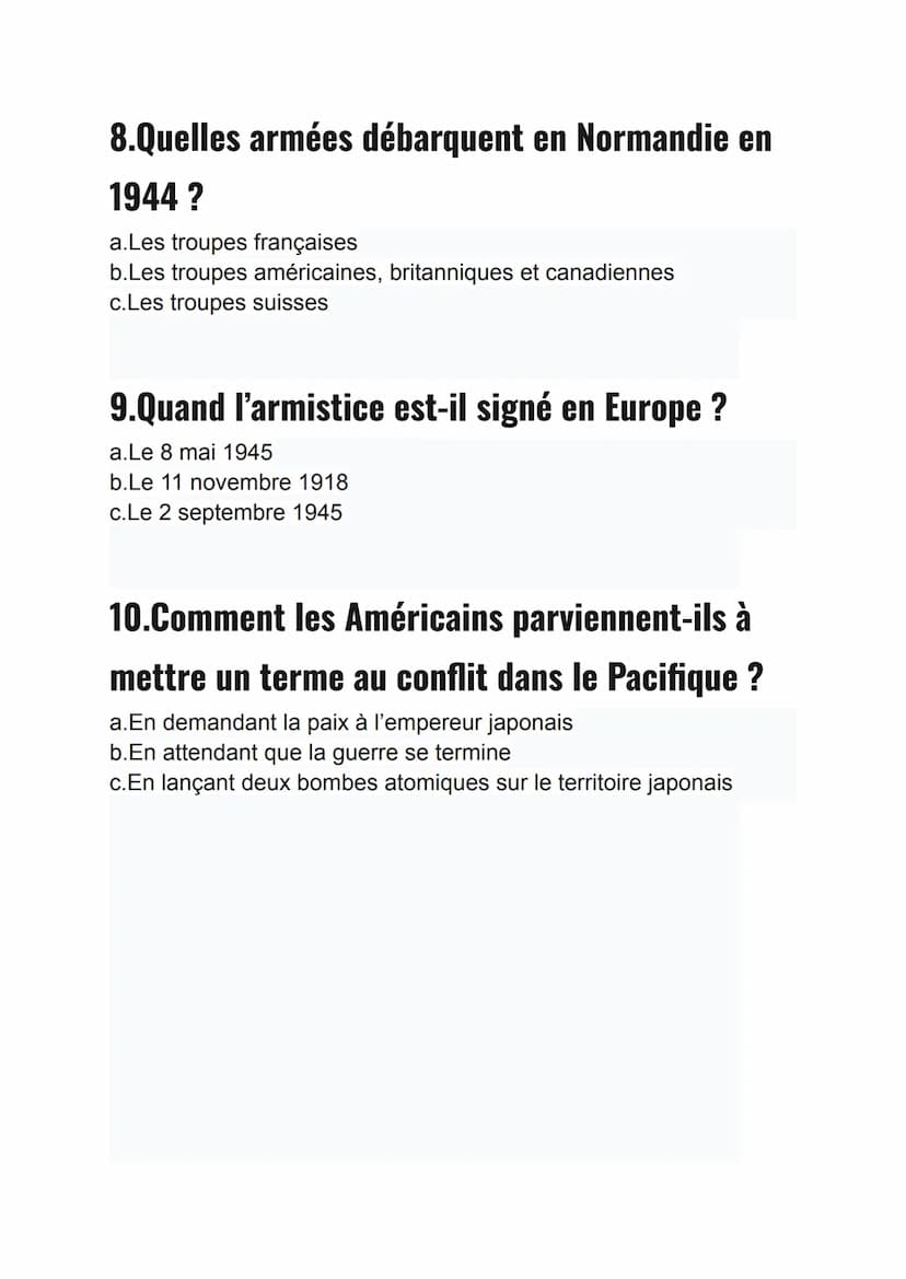 Quiz seconde guerre mondiale (10questions) niveau 3e pour le
brevet (corriges a la fin):
1.Pourquoi Hitler envahit-il les Sudètes ?
a.Le ter