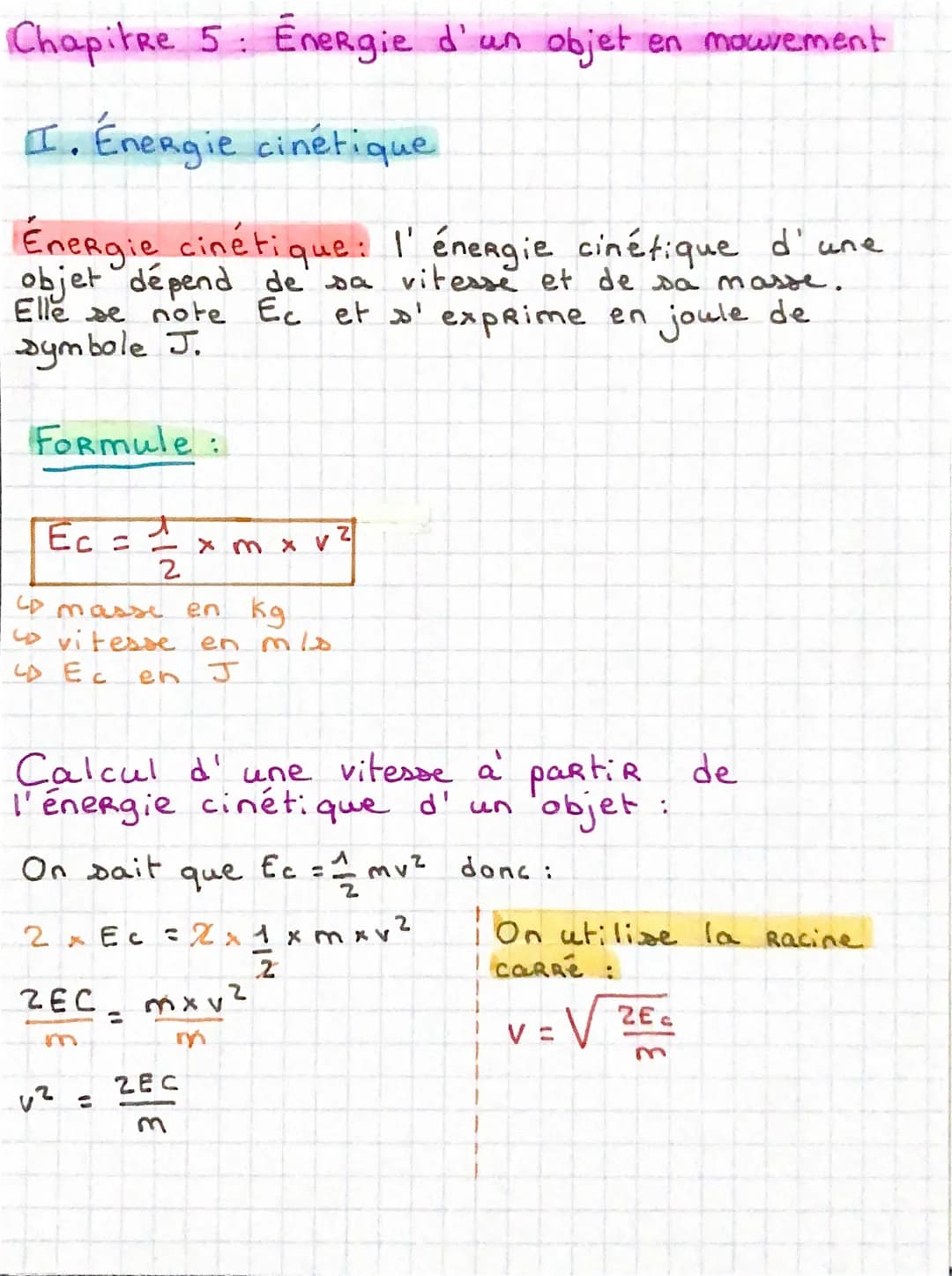 Chapitre 5: Énergie d'un objet en mouvement
I. Énergie cinétique
Énergie cinétique : l'énergie cinétique d'une
objet dépend de sa vitesse et