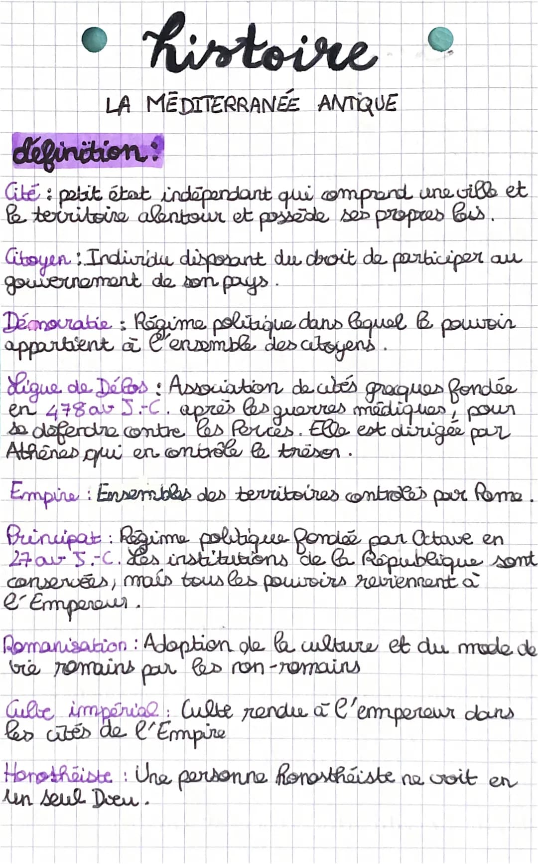 histoire
LA MEDITERRANEE ANTIQUE
O
definition?
Cité : petit état indépendant que comprend une ville et
le territoire alentour et possède ses