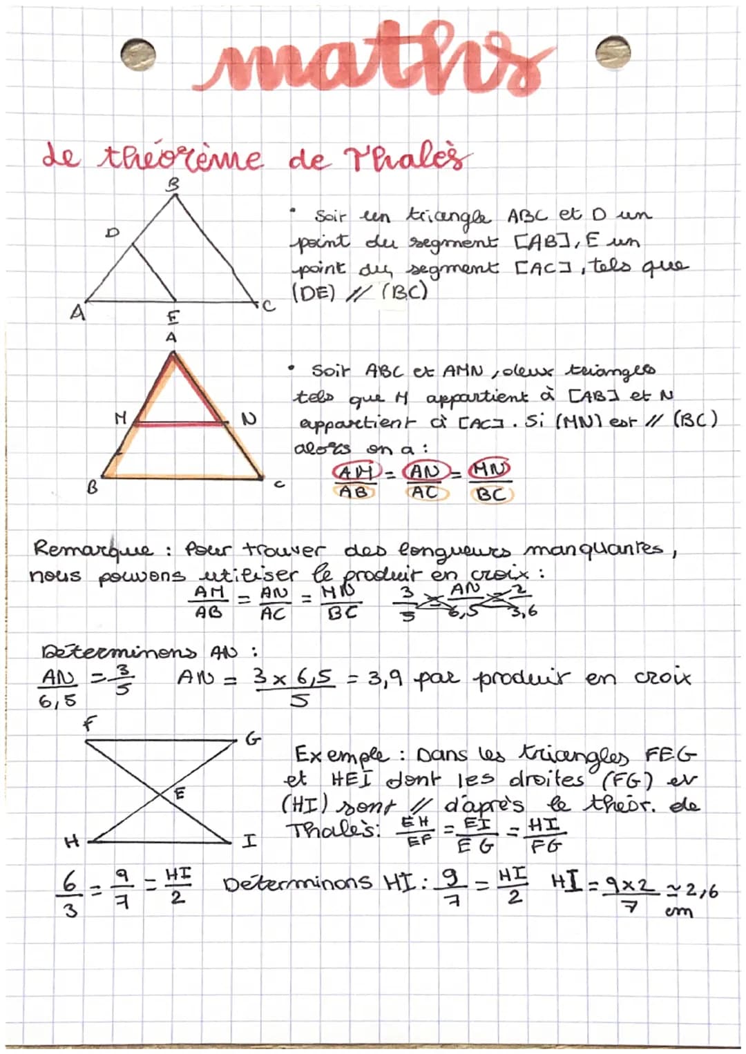 Le theoreme de Thales
A
B
H
6
3
• maths
AN =-
6,5
D
f
M
=
Determinens AN :
3
AN =
418
ㅋ
A
11
Remarque : Pour trouver des longueurs manquante