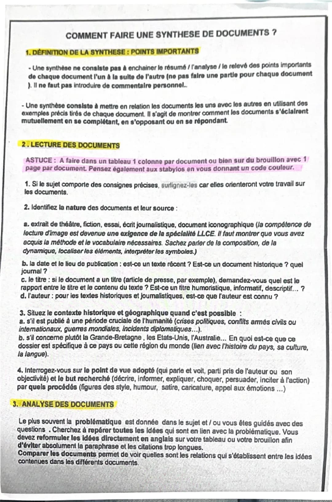 COMMENT FAIRE UNE SYNTHESE DE DOCUMENTS?
1. DEFINITION DE LA SYNTHESE: POINTS IMPORTANTS
- Une synthèse ne consiste pas à enchainer le résum
