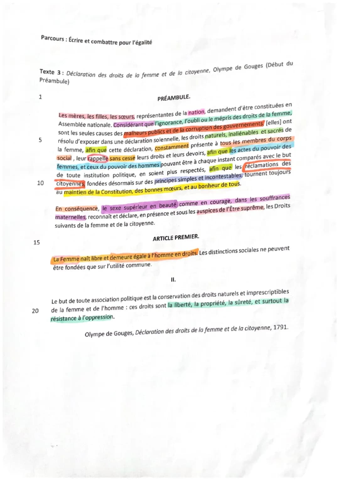 • ORAL BAC.
OLYMPE DE GOUGES
droits de la femme et
citoyenne
Preamerile
harcours
Ecrire
Déclaration des
ea
de
+ Article 1 et 2
la femme
et
c