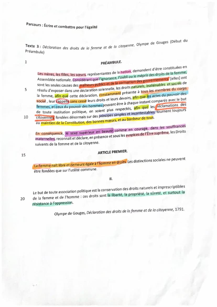• ORAL BAC.
OLYMPE DE GOUGES
droits de la femme et
citoyenne
Preamerile
harcours
Ecrire
Déclaration des
ea
de
+ Article 1 et 2
la femme
et
c