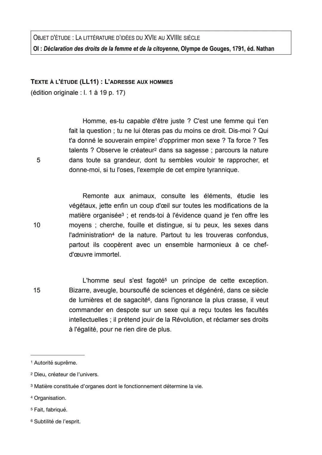 OBJET D'ÉTUDE: LA LITTÉRATURE D'IDÉES DU XVIE AU XVIIIE SIÈCLE
Ol: Déclaration des droits de la femme et de la citoyenne, Olympe de Gouges, 