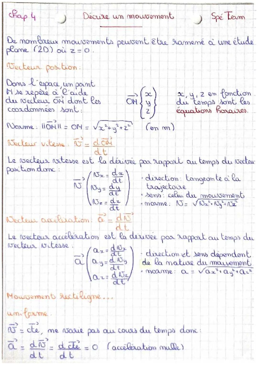 Exercices corrigés sur les vecteurs position, vitesse et accélération