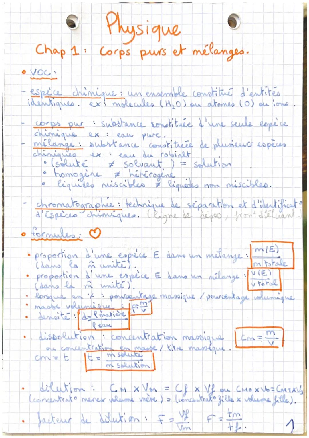 • VOC.
●
espèce chimique: un ensemble constitue d'entités
identiques. ex: molecules (H₂O) on atomes (0) ou ions
.
6
Physique
Chap 1: Corps p