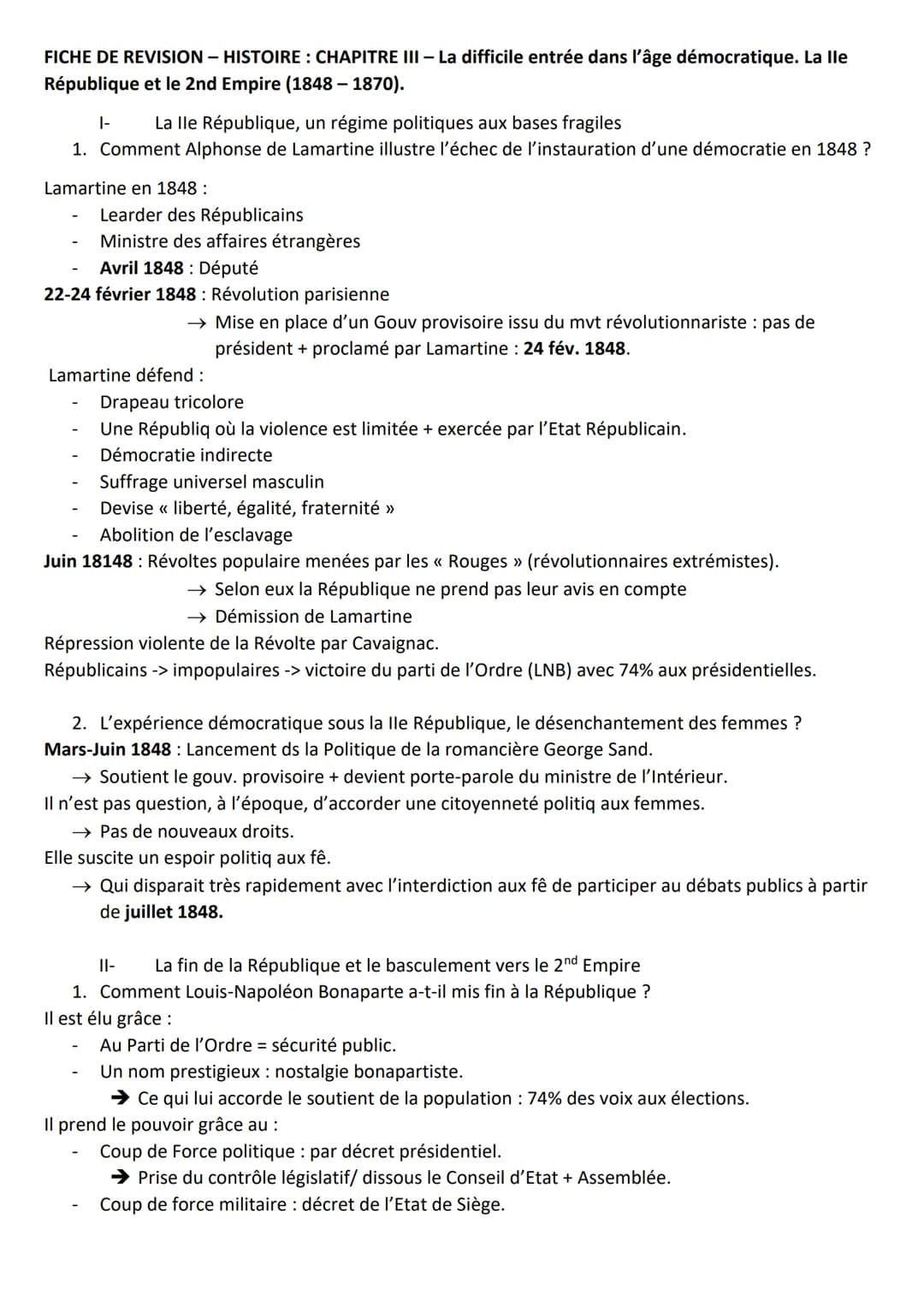 FICHE DE REVISION - HISTOIRE : CHAPITRE III - La difficile entrée dans l'âge démocratique. La lle
République et le 2nd Empire (1848-1870).
|