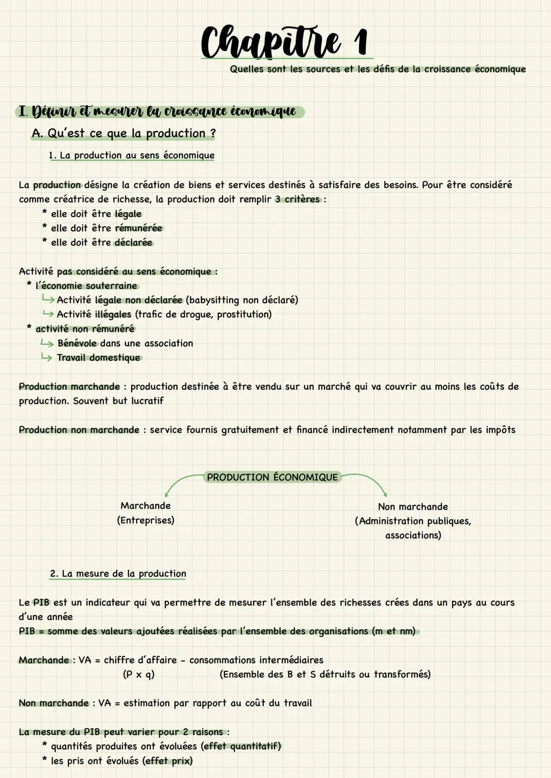 I. Définir et mesurer la croissance économique
A. Qu'est ce que la production ?
1. La production au sens économique
Chapitre 1
La production