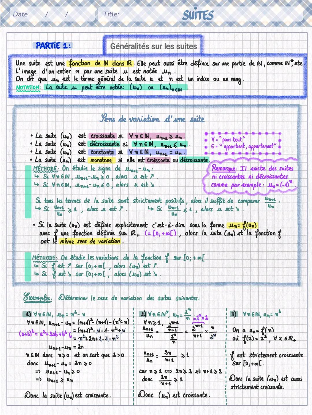 Date
Title:
SUITES

PARTIE 1:
Généralités sur les suites

Une suite est une fonction de IN dans IR. Elle peut aussi être définie sur une par