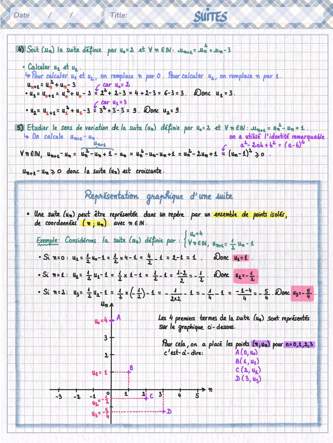 Date
Title:
SUITES

PARTIE 1:
Généralités sur les suites

Une suite est une fonction de IN dans IR. Elle peut aussi être définie sur une par
