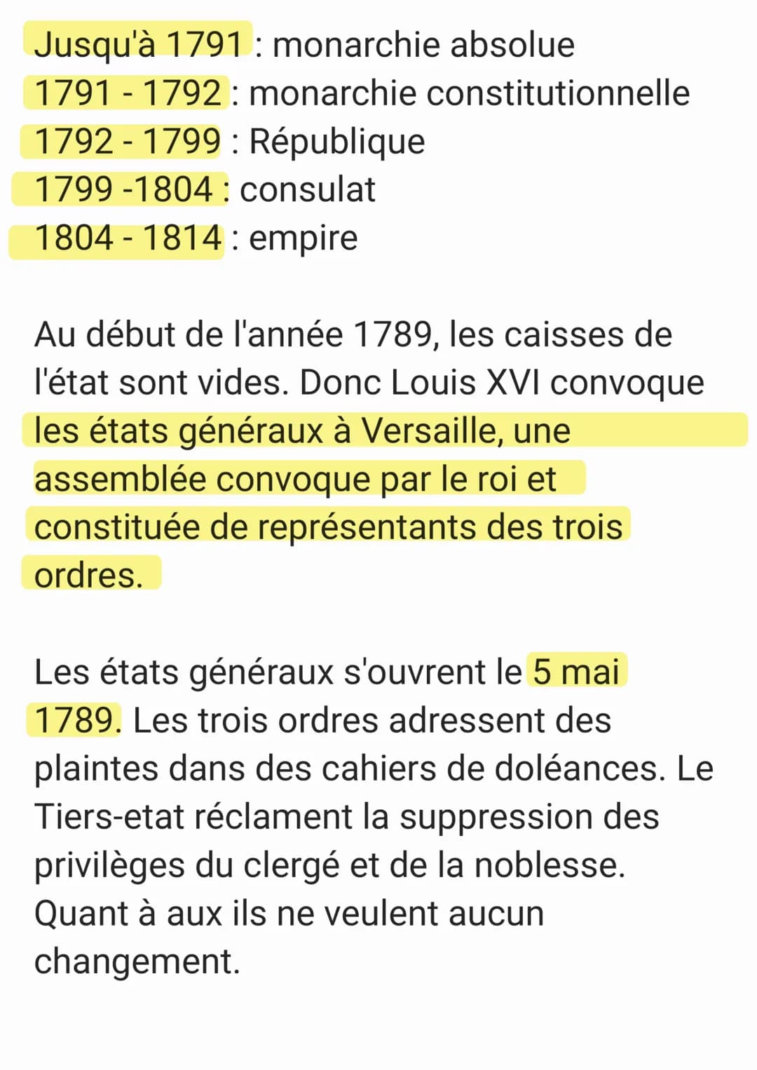 Jusqu'à 1791: monarchie absolue
1791 - 1792: monarchie constitutionnelle
1792-1799: République
1799-1804: consulat
1804-1814: empire
Au débu