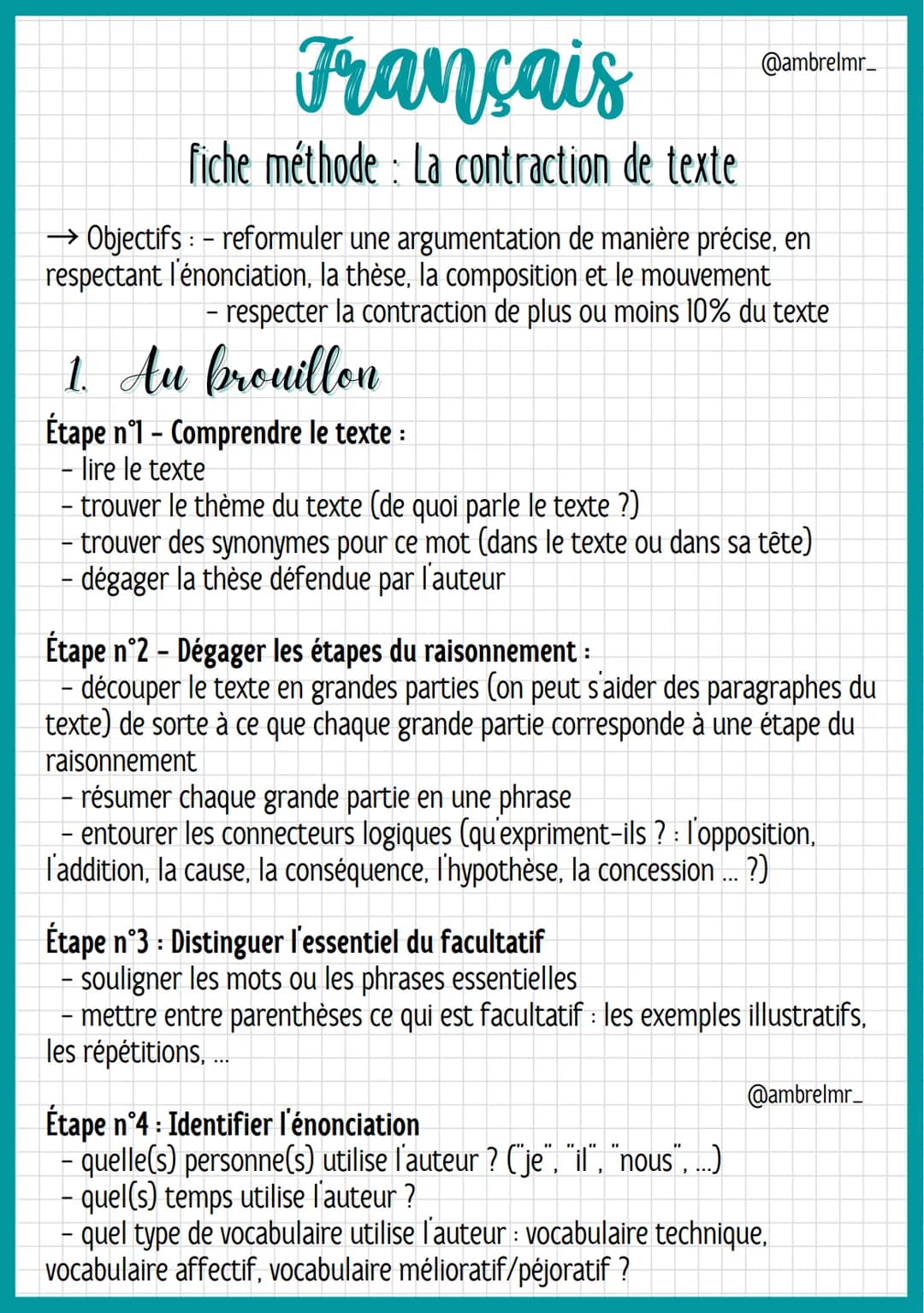 Français
fiche méthode: La contraction de texte
→Objectifs : - reformuler une argumentation de manière précise, en
respectant l'énonciation,