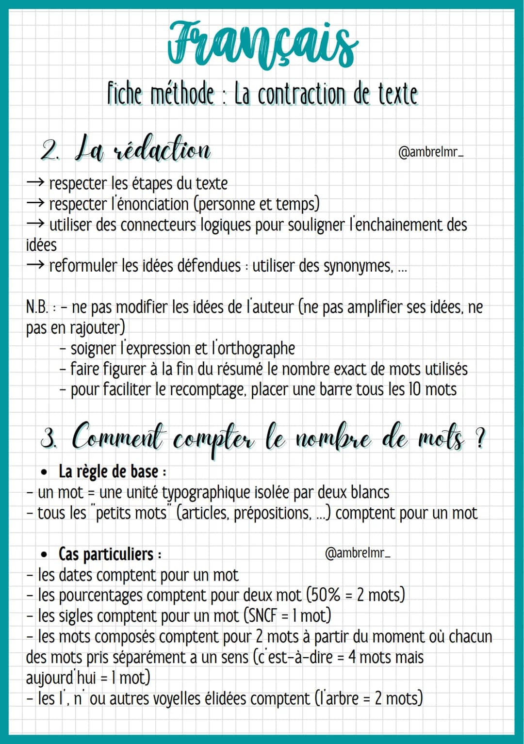 Français
fiche méthode: La contraction de texte
→Objectifs : - reformuler une argumentation de manière précise, en
respectant l'énonciation,