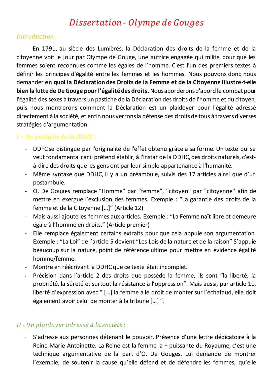Dissertation - Olympe de Gouges
Introduction:
En 1791, au siècle des Lumières, la Déclaration des droits de la femme et de la
citoyenne voit