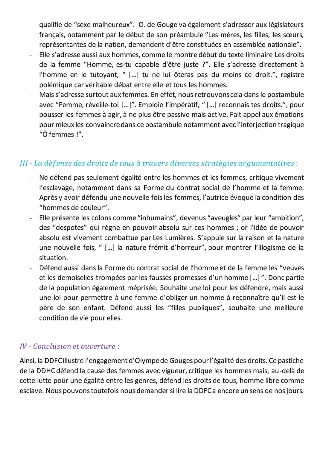 Dissertation - Olympe de Gouges
Introduction:
En 1791, au siècle des Lumières, la Déclaration des droits de la femme et de la
citoyenne voit