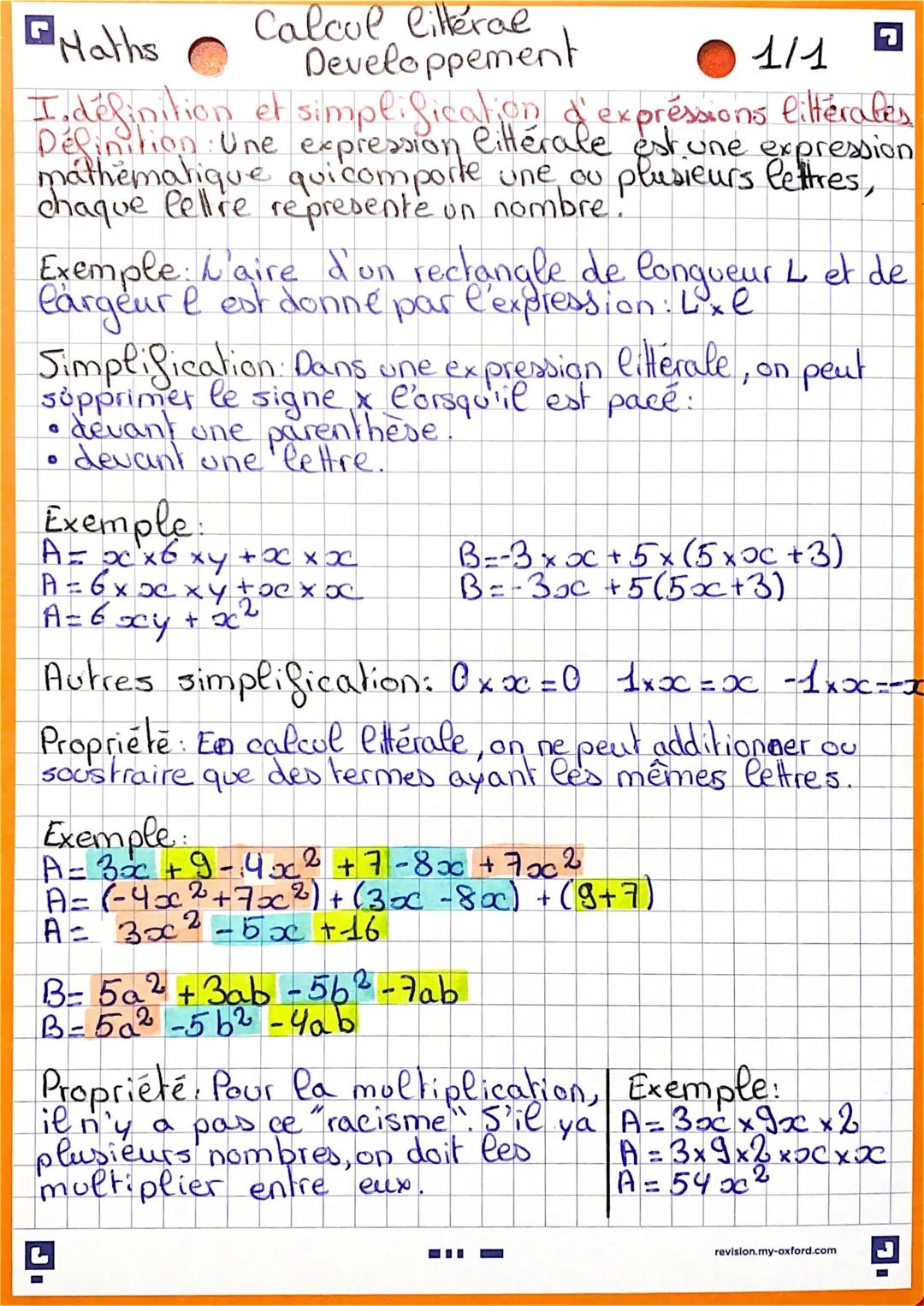 Haths
1/1
I définition et simplification d'expressions littérales
Définition: Une expression littérale est une expression
mathematique qui c