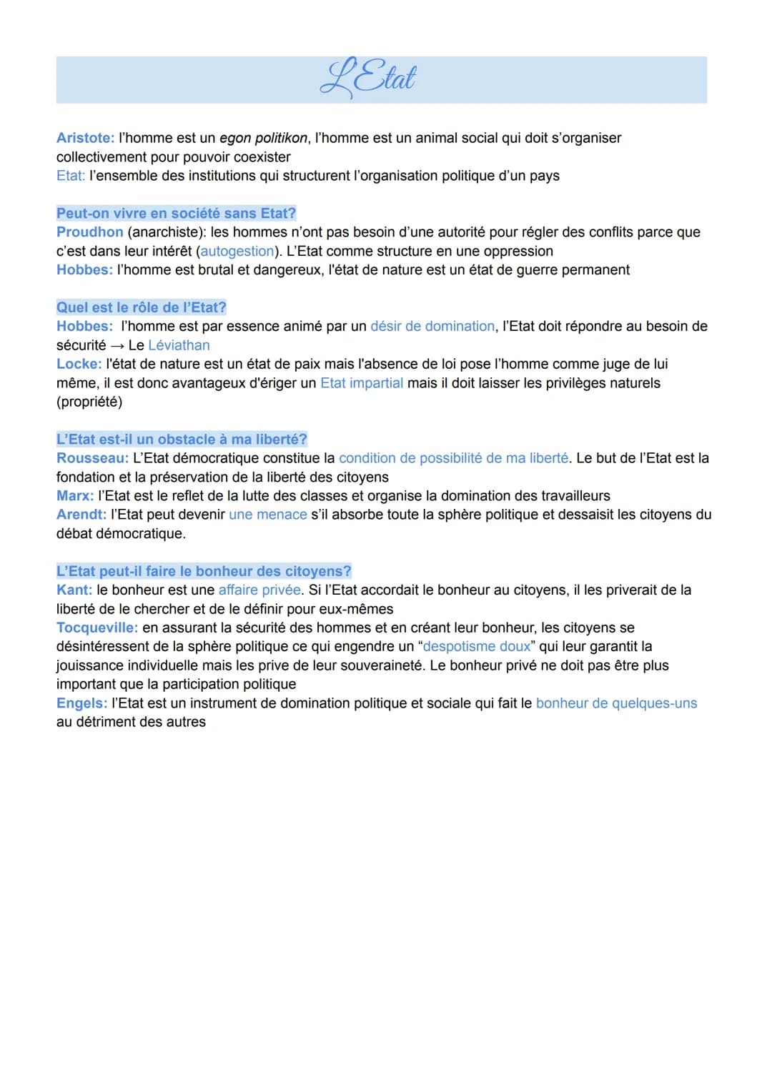 L'Etat
Aristote: l'homme est un egon politikon, l'homme est un animal social qui doit s'organiser
collectivement pour pouvoir coexister
Etat