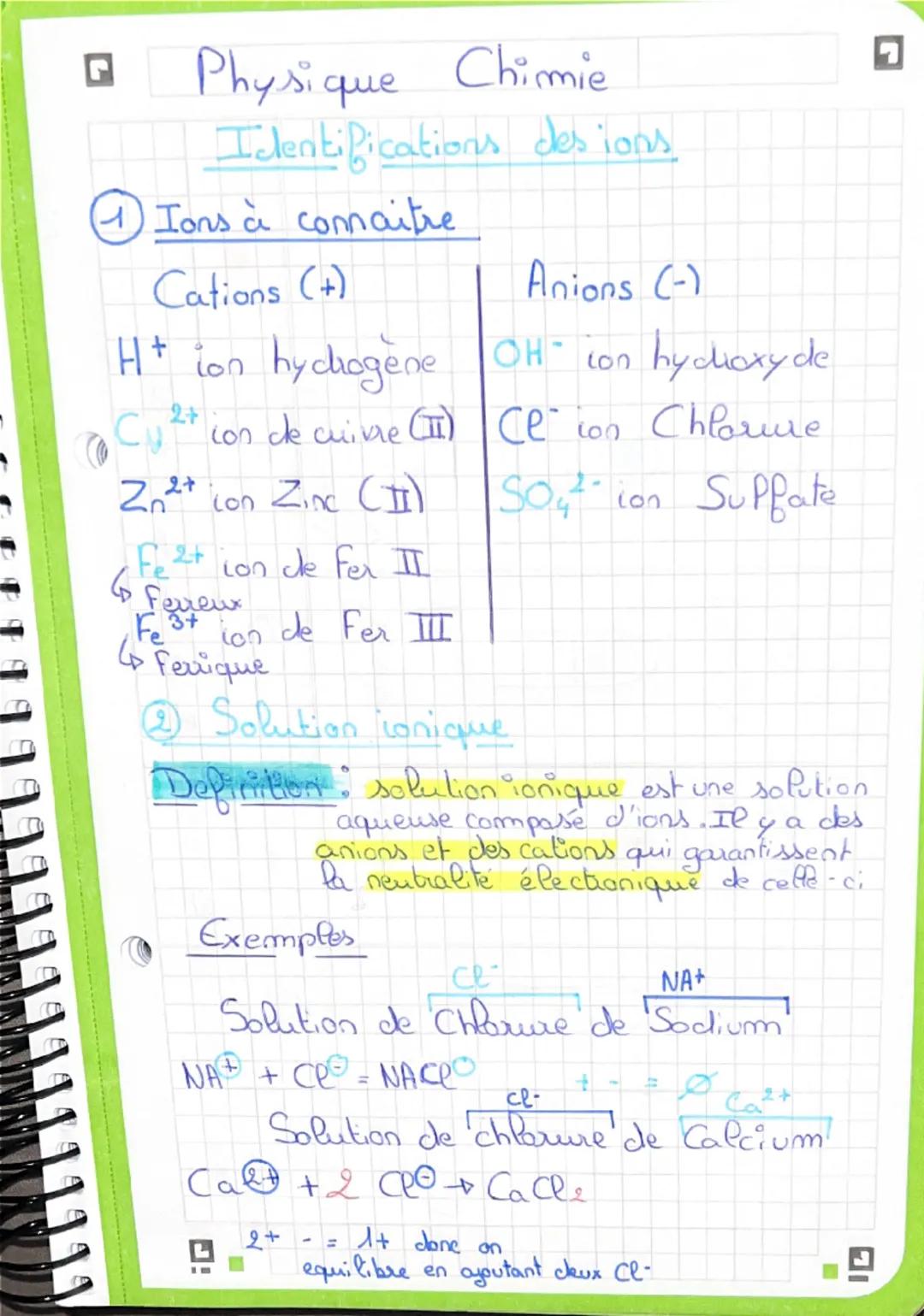 Physique
Chimie
Identifications desions.
(1) Ions à connaitre
Cations (+)
H+ ion hychogene
Anions (-)
OH- ion hy cloxy de
• Cu 2+ con cke cu