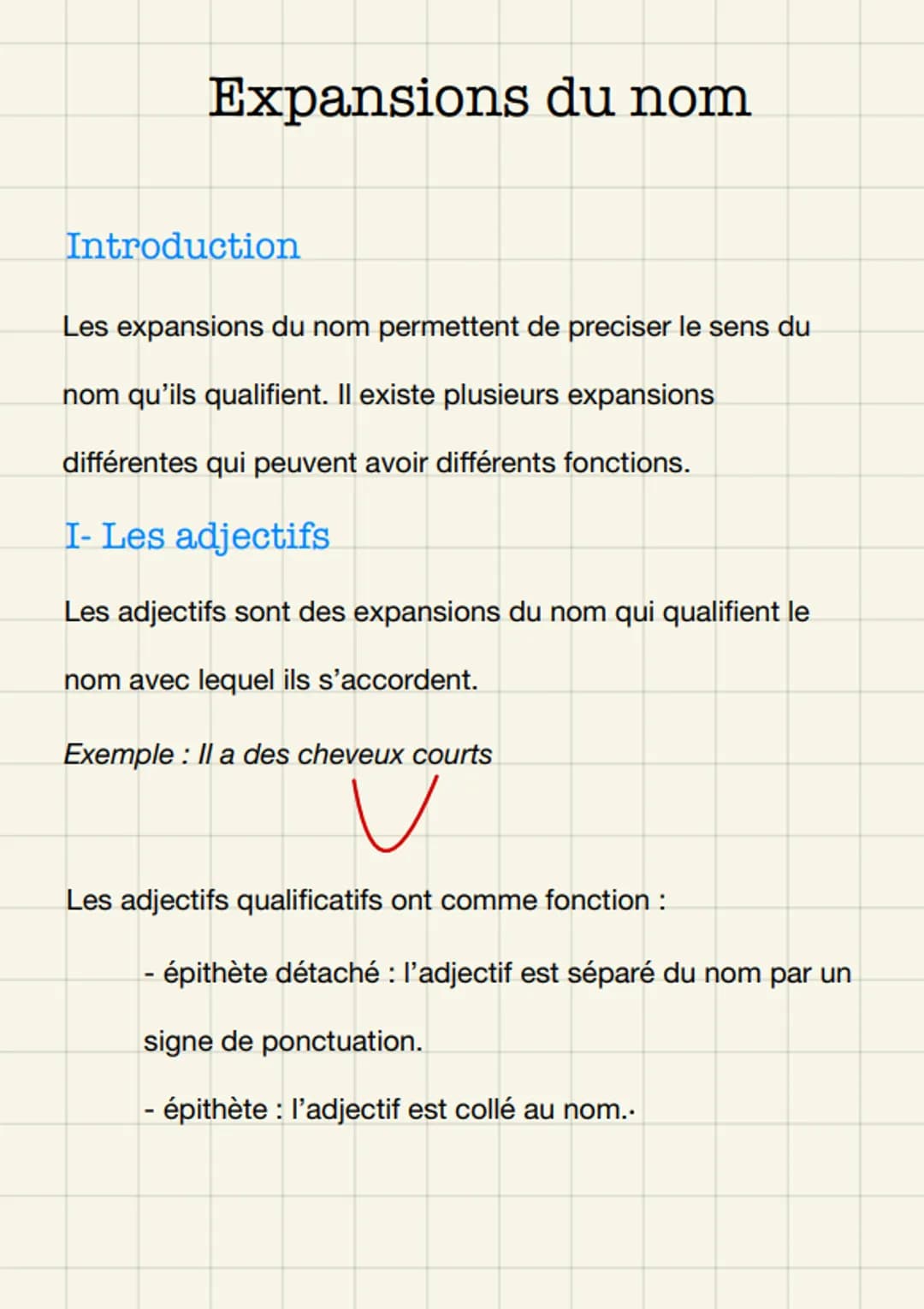 Expansions du nom
Introduction
Les expansions du nom permettent de preciser le sens du
nom qu'ils qualifient. Il existe plusieurs expansions