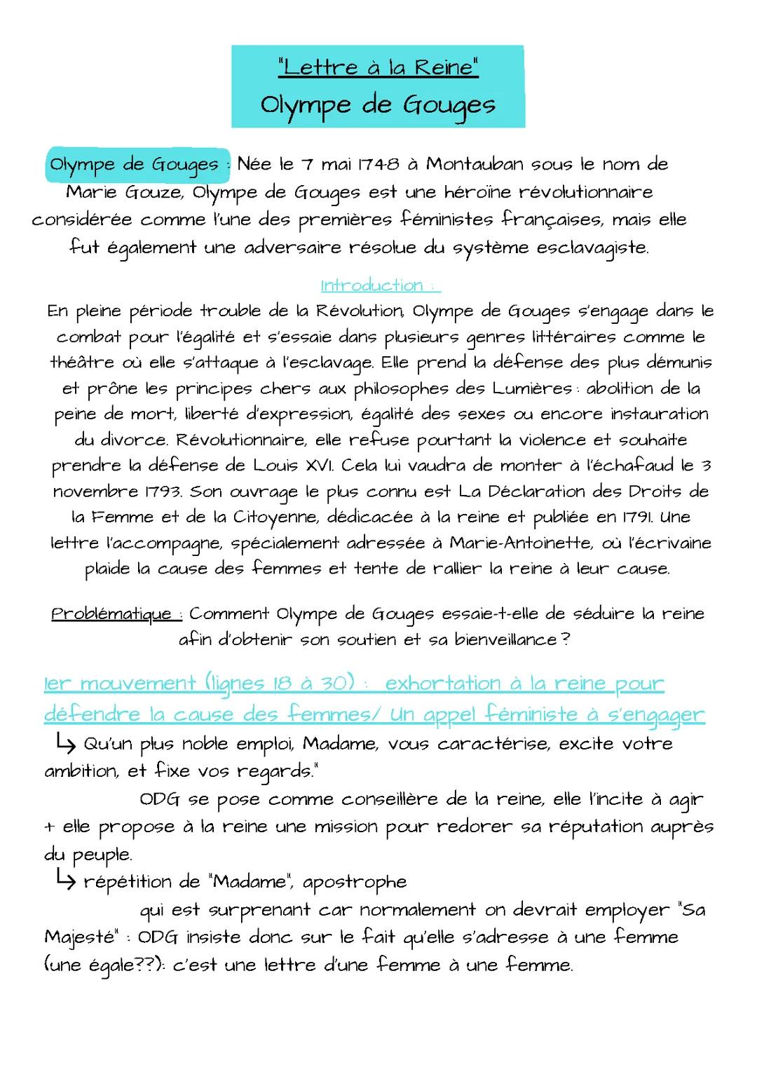 Dédicace à la Reine Olympe de Gouges analyse linéaire PDF, résumé et fiche de lecture